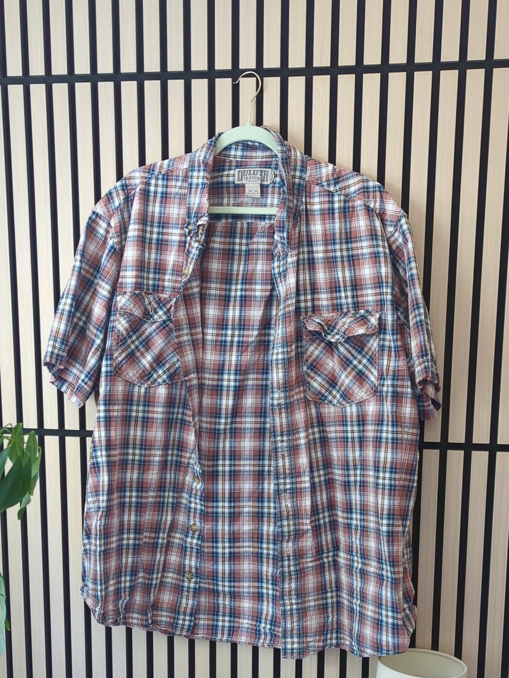 Duluth Trading Co Plaid Short-Sleeve Button-Down Shirt - Red, Blue, White